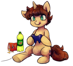 Size: 800x727 | Tagged: safe, artist:crystal-chima, oc, oc only, pony, unicorn, chips, controller, doritos, food, mountain dew, simple background, sitting, solo, tongue out, transparent background, underhoof