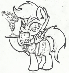 Size: 1280x1343 | Tagged: safe, artist:anibaruthecat, scootaloo, g4, bill, drink, female, monochrome, mouth hold, sketch, solo, waitress