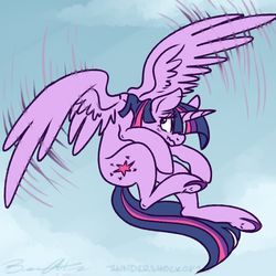 Size: 900x900 | Tagged: safe, artist:thundershock0823, twilight sparkle, alicorn, pony, g4, female, flying, mare, scrunchy face, solo, twilight sparkle (alicorn)