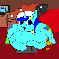 Size: 1000x1000 | Tagged: safe, artist:watertimdragon, oc, oc only, oc:jester bells, butt, fat, hat, jester hat, looking at you, morbidly obese, obese, plot, solo, tumblr, wide hips