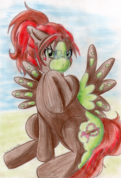 Size: 698x1024 | Tagged: safe, artist:diablicka, oc, oc only, pegasus, pony, female, glasses, mare, piercing, solo, traditional art