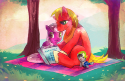 Size: 959x627 | Tagged: safe, artist:ya-a, big macintosh, cheerilee, smarty pants, earth pony, pony, g4, book, male, picnic, reading, shade, ship:cheerimac, shipping, stallion, straight