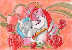 Size: 1024x707 | Tagged: safe, artist:diablicka, oc, oc only, alicorn, pony, unicorn, alicorn oc, earring, eyes closed, eyeshadow, female, flower, heart, kissing, male, piercing, rose, shipping, spread wings, straight, traditional art