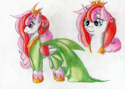 Size: 1024x729 | Tagged: safe, artist:diablicka, oc, oc only, pegasus, pony, clothes, cross-eyed, crown, cute, dress, flower, flower in hair, gala dress, heart, rose, smiling, solo, standing, tiara, traditional art