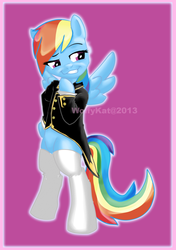 Size: 900x1277 | Tagged: dead source, safe, artist:wolfykat, rainbow dash, pegasus, pony, g4, abstract background, bipedal, clothes, female, mare, simple background, smugdash, socks, solo, watermark