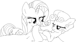 Size: 1280x708 | Tagged: safe, artist:stoic5, rarity, sweetie belle, pony, unicorn, g4, bed, blanket, female, filly, goodnight, grayscale, lidded eyes, mare, monochrome, mouth hold, on back, sisters, smiling, tucking in