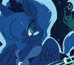Size: 900x800 | Tagged: safe, artist:clockworkquartet, princess luna, alicorn, pony, g4, blushing, canterlot, crescent moon, ethereal mane, female, looking at you, mare, moon, night, night sky, sky, smiling, solo, starry mane, starry night, stars, wings