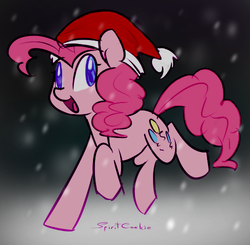 Size: 500x490 | Tagged: safe, artist:muh-arts, artist:spiritcookie, pinkie pie, g4, female, hat, santa hat, snow, snowfall, solo