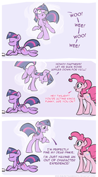 Size: 995x1792 | Tagged: safe, artist:subjectnumber2394, pinkie pie, twilight sparkle, alicorn, pony, g4, comic, cute, derp, female, impressions, magic, mare, out of character, pun, smiling, twilight sparkle (alicorn), underhoof, visual pun, wat, wide eyes