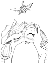 Size: 573x748 | Tagged: source needed, safe, artist:xioade, applejack, rarity, earth pony, pony, unicorn, g4, blushing, duo, female, holly, holly mistaken for mistletoe, kiss on the lips, kissing, lesbian, mare, monochrome, ship:rarijack, shipping