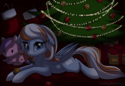 Size: 1186x814 | Tagged: safe, artist:prettypinkpony, oc, oc only, oc:cozy cotton, oc:hearts desire, oc:vesairus, pegasus, pony, bauble, christmas, christmas decoration, christmas lights, christmas tree, cute, female, freckles, holiday, mouth hold, plushie, prone, tree