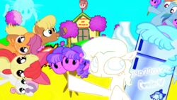Size: 640x360 | Tagged: safe, artist:notsofrequentuser, artist:weaver, edit, apple bloom, chickadee, ms. harshwhinny, ms. peachbottom, rainbow dash, scootaloo, sweetie belle, g4, beach, church, cirno, colorful, cutie mark crusaders, ice, ice cream, refrigerator, touhou, tree, vector, walfas, wat, wings