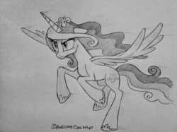 Size: 900x672 | Tagged: safe, artist:kawaiidogarts, princess cadance, alicorn, pony, g4, female, floppy ears, flying, frown, glare, mare, monochrome, serious, solo, spread wings, traditional art, windswept mane