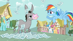 Size: 960x540 | Tagged: safe, screencap, cletus, dizzy twister, helia, lightning bolt, orange swirl, rainbow dash, white lightning, hybrid, mule, pegasus, pony, g4, hurricane fluttershy, bucktooth, female, male, mare, raincloud