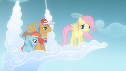 Size: 960x540 | Tagged: safe, screencap, fluttershy, rainbow dash, pegasus, pony, g4, hurricane fluttershy, cloud, coach, flashback, on a cloud