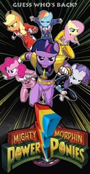 Size: 387x750 | Tagged: safe, applejack, fluttershy, pinkie pie, rainbow dash, rarity, twilight sparkle, g4, mane six, mighty morphin power rangers, poster, power rangers