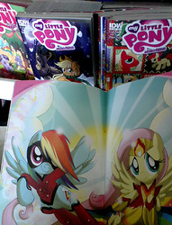 Size: 410x538 | Tagged: safe, idw, fluttershy, rainbow dash, g4, comics, photo