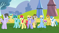 Size: 1054x592 | Tagged: safe, screencap, blue skies, cerulean skies, cloud kicker, crescent pony, lightning bolt, mane moon, merry may, rainbow swoop, spectrum, spring melody, sprinkle medley, strawberry sunrise, sunshower raindrops, warm front, white lightning, pegasus, pony, g4, hurricane fluttershy, season 2, background pony, female, looking up, male, mare, open mouth, sitting, spread wings, stallion, wings