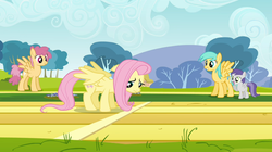 Size: 1054x592 | Tagged: safe, screencap, dizzy twister, fluttershy, orange swirl, sunshower raindrops, tornado bolt, g4, hurricane fluttershy