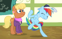 Size: 384x242 | Tagged: safe, screencap, ms. harshwhinny, rainbow dash, pony, flight to the finish, g4, my little pony: friendship is magic, animation error, bipedal, coach rainbow dash