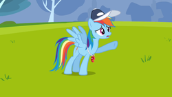 Size: 1054x593 | Tagged: safe, screencap, rainbow dash, pegasus, pony, g4, hurricane fluttershy, coach, coach rainbow dash, cute, dashabetes, female, hat, mare, open mouth, rainbow dashs coaching whistle, raised hoof, solo, spread wings, whistle, wings