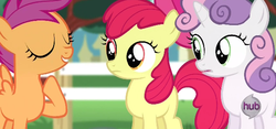 Size: 570x266 | Tagged: safe, screencap, apple bloom, scootaloo, sweetie belle, flight to the finish, g4, cutie mark crusaders, hub logo