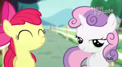 Size: 620x342 | Tagged: safe, screencap, apple bloom, sweetie belle, earth pony, pony, unicorn, flight to the finish, g4, duo, female, filly, foal, lidded eyes, out of context