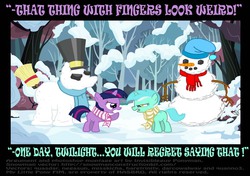 Size: 1074x754 | Tagged: safe, artist:ponymaan, lyra heartstrings, twilight sparkle, pony, unicorn, g4, clothes, filly, filly lyra, filly twilight sparkle, scarf, snowman, snowpony, unicorn twilight, younger