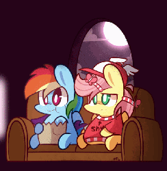 Size: 626x640 | Tagged: safe, artist:php56, fluttershy, rainbow dash, g4, animated, baseball cap, bottomless, chibi, clothes, couch, female, hat, partial nudity, sweater, sweatershy, television