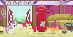 Size: 616x318 | Tagged: safe, screencap, apple bloom, scootaloo, sweetie belle, flight to the finish, g4, cutie mark crusaders, hearts as strong as horses, hub logo, punching bag