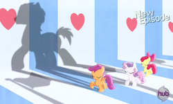 Size: 552x332 | Tagged: safe, screencap, apple bloom, scootaloo, sweetie belle, flight to the finish, g4, cutie mark crusaders, hearts as strong as horses, hub logo