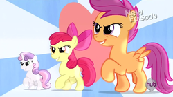 Size: 612x346 | Tagged: safe, screencap, apple bloom, scootaloo, sweetie belle, flight to the finish, g4, cutie mark crusaders, hearts as strong as horses, hub logo