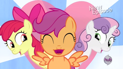 Size: 598x338 | Tagged: safe, screencap, apple bloom, scootaloo, sweetie belle, flight to the finish, g4, season 4, cutie mark crusaders, faic, hub logo, ponyface