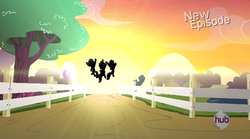 Size: 610x340 | Tagged: safe, screencap, apple bloom, scootaloo, sweetie belle, flight to the finish, g4, cutie mark crusaders, fence, hub logo, hubble, sun, sunset, the hub, tree, yeah shot