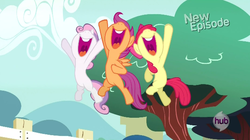Size: 620x346 | Tagged: safe, screencap, apple bloom, scootaloo, sweetie belle, flight to the finish, g4, cutie mark crusaders, happy, hub logo, hubble, smiling, the hub, tree, yeah shot