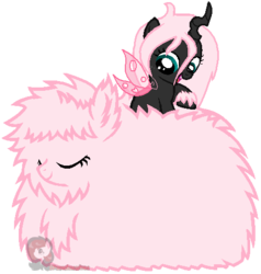 Size: 460x483 | Tagged: safe, artist:ipandacakes, oc, oc only, oc:fluffle puff, oc:pomf puff, changeling, hybrid, changeling oc, eyes closed, heart, interspecies offspring, magical lesbian spawn, offspring, parent:oc:fluffle puff, parent:queen chrysalis, parents:canon x oc, parents:chrysipuff, pink changeling, simple background, transparent background, vector