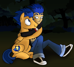 Size: 1108x1000 | Tagged: safe, artist:vocalmaker, flash sentry, human, pony, equestria girls, g4, colored, cute, diasentres, equestria girls ponified, everfree forest, hug, human ponidox, ponified, scared, underhoof