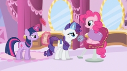 Size: 853x480 | Tagged: safe, screencap, pinkie pie, rarity, twilight sparkle, g4, it's about time, carousel boutique, lidded eyes