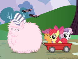 Size: 650x500 | Tagged: safe, artist:mixermike622, apple bloom, scootaloo, sweetie belle, oc, oc:fluffle puff, earth pony, pegasus, pony, unicorn, g4, cutie mark crusaders
