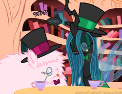 Size: 650x500 | Tagged: safe, artist:mixermike622, queen chrysalis, oc, oc:fluffle puff, tumblr:ask fluffle puff, g4, bowtie, classy, hat, monocle, tea, teacup, top hat