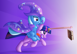 Size: 5090x3586 | Tagged: safe, artist:discorded, trixie, twilight sparkle, g4, .ai available, book, carrot on a stick, ponies riding ponies, riding, that pony sure does love books, trixie riding twilight, vector
