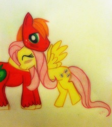 Size: 1124x1280 | Tagged: safe, artist:redfoxfire22, big macintosh, fluttershy, earth pony, pony, g4, hug, male, ship:fluttermac, shipping, stallion, straight, traditional art