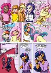 Size: 752x1063 | Tagged: safe, artist:chaoticyume, applejack, carrot top, fluttershy, golden harvest, pinkie pie, princess celestia, princess luna, rainbow dash, rarity, twilight sparkle, human, g4, comic, dark skin, humanized, light skin, moderate dark skin