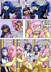 Size: 752x1063 | Tagged: safe, artist:chaoticyume, fluttershy, princess luna, rarity, twilight sparkle, human, g4, comic, dark skin, humanized, light skin, moderate dark skin