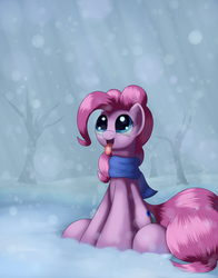 Size: 1650x2100 | Tagged: safe, artist:grennadder, pinkie pie, g4, big hooves, clothes, female, long tail, mare, scarf, snow, snowfall, solo, tail, tongue out, tree