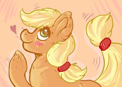 Size: 1400x1000 | Tagged: safe, artist:phewmonster, artist:tinttiyo, applejack, earth pony, pony, g4, abstract background, blushing, female, hair tie, heart, looking up, mare, missing accessory, smiling, solo, unshorn fetlocks