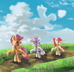 Size: 2291x2238 | Tagged: safe, artist:owlvortex, apple bloom, scootaloo, sweetie belle, earth pony, pegasus, pony, unicorn, g4, cloud, cloudy, cutie mark crusaders, female, filly, hearts as strong as horses, road, willowherb