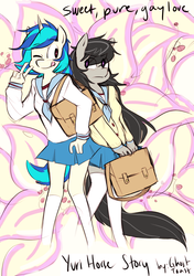 Size: 1104x1571 | Tagged: safe, artist:ghost, artist:jeremystorm, color edit, edit, dj pon-3, octavia melody, vinyl scratch, anthro, g4, clothes, colored, duo, female, lesbian, one eye closed, school uniform, ship:scratchtavia, shipping, skirt, smiling, tongue out, wink
