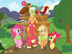 Size: 1600x1200 | Tagged: safe, artist:mozgan, apple bloom, applejack, big macintosh, granny smith, pinkie pie, earth pony, pony, g4, pinkie apple pie, apples to the core, cart, male, scene interpretation, stallion