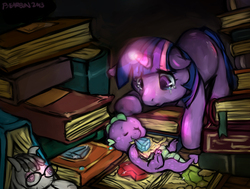 Size: 1280x969 | Tagged: safe, artist:bearbun, smarty pants, spike, twilight sparkle, dragon, pony, unicorn, g4, baby, baby dragon, baby spike, bibliovore, book, crying, cute, eating, eyes closed, fangs, female, filly, filly twilight sparkle, floppy ears, gem, glasses, glowing, glowing horn, horn, magic, male, mama twilight, page, pile, sad, signature, sleeping, smiling, spikabetes, torn, twiabetes, unicorn twilight, younger